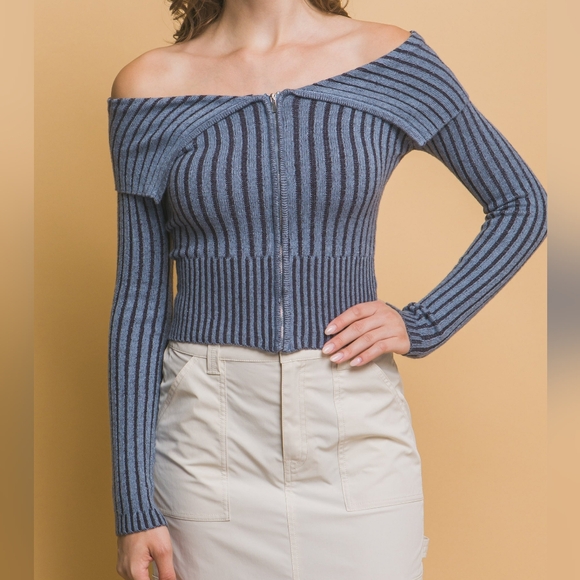 Zip-Me-Up Bardot Ribbed Top - Blue - Picture 7 of 10